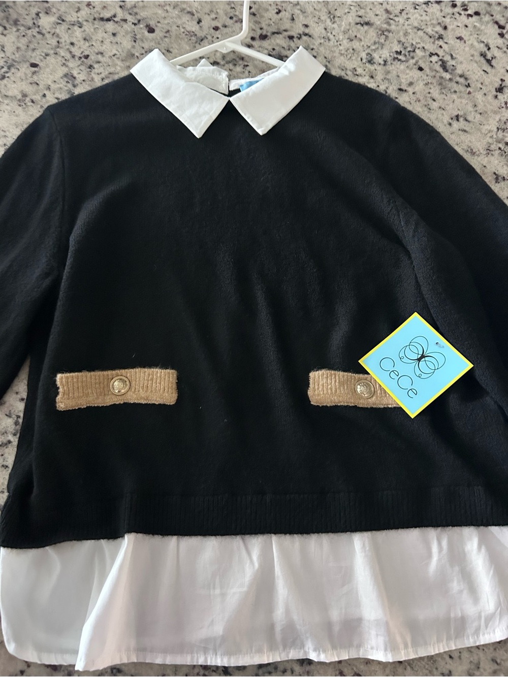 CeCe Black Crewneck Sweater with White Collared Layer - Picture 6 of 6